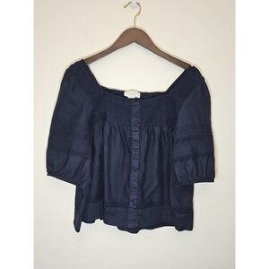 Calypso St Barth Navy Blue Eyelet 100% Cotton Button Up Top Blouse Shirt  XL